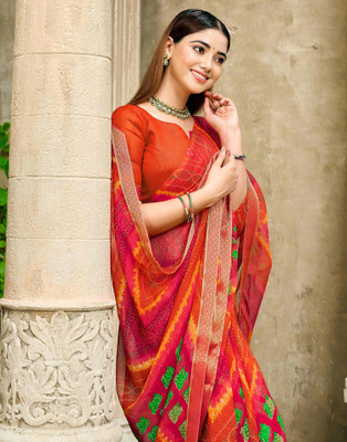 Samah Printed Bandhani Chiffon, Georgette Saree(Red, Multicolor)