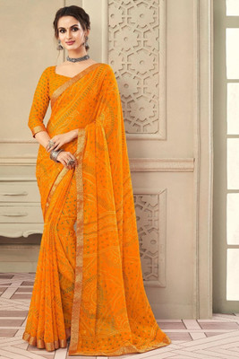 STYLEVEDA Checkered Bollywood Georgette Saree(Yellow)
