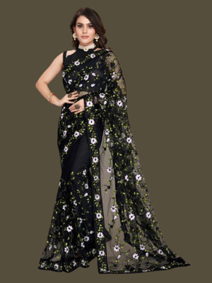 Verviza Embroidered Bollywood Net Saree(Black)