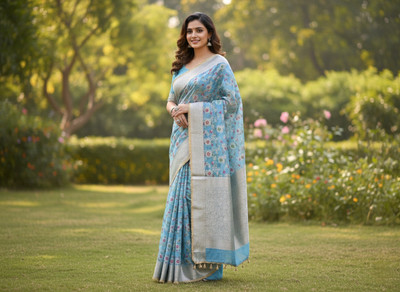 Shanwaz Ahmad Embellished, Self Design Banarasi Silk Blend, Georgette Saree(Light Blue)