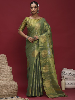Sareemall Woven Banarasi Linen Saree(Green)