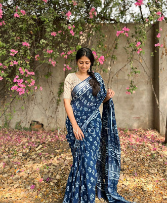 Vinayak Textile Printed Daily Wear Cotton Linen Saree(Blue)