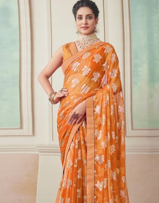 SIRIL Embellished, Printed Bollywood Lycra Blend Saree(Orange, Gold)