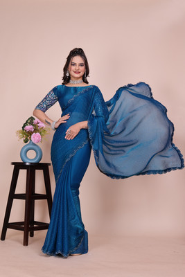 V AMAN FASHION Solid/Plain, Self Design, Embroidered Bollywood Chiffon, Jimmy choo Saree(Blue)