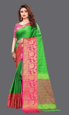 Bombey Velvat Fab Printed, Self Design, Digital Print, Ombre, Embroidered, Woven, Embellished, Animal Print, Dyed Pochampally Art Silk, Cotton Silk Saree(Pink, Light Green)