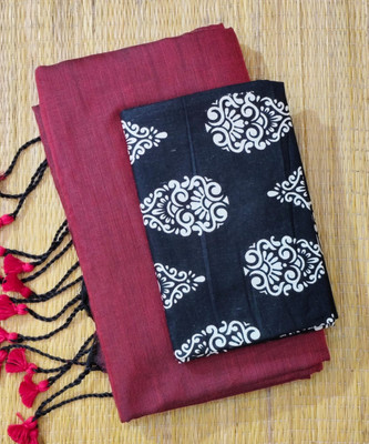 SMRITI BOUTIQUE Solid/Plain Bollywood Handloom Pure Cotton Saree(Maroon, Black)
