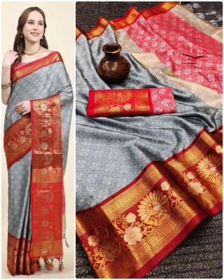 PRANJAL ART Printed Bollywood Jacquard, Art Silk Saree(Grey, Red)