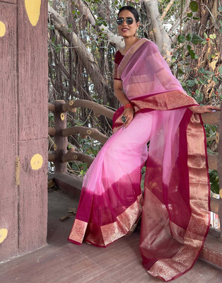 KOTHARI SBT Solid/Plain Bandhani Organza Saree(Magenta)