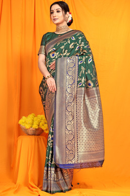 AMIRAT CLOTHING Self Design Paithani Pure Silk Saree(Dark Green)