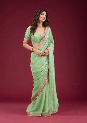 MudhurHandWork Embroidered, Embellished Bollywood Silk Blend Saree(Green)