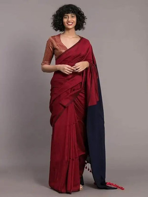 zayraa Solid/Plain Daily Wear Cotton Blend Saree(Maroon)