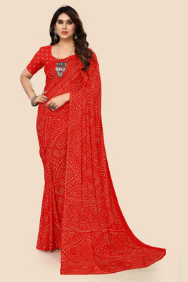Kanooda Prints Printed Bandhani Georgette Saree(Red)