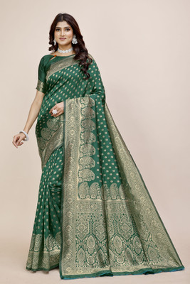 womney Woven, Self Design Banarasi Jacquard Saree(Green)