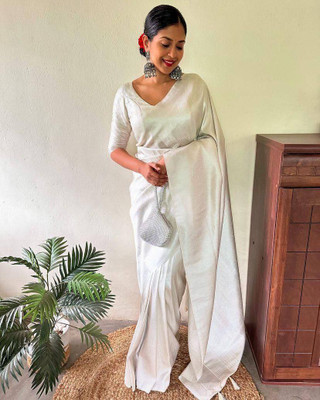 Rudr Venture Self Design Banarasi Cotton Silk Saree(White)