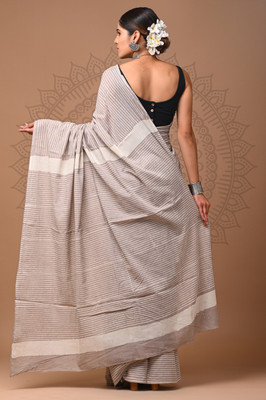 Taavi Blocked Printed Daily Wear Pure Cotton Saree(Grey)