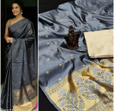 KAKADIYA Self Design Kanjivaram Pure Silk Saree(Grey)