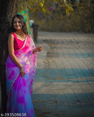 Haridant Floral Print Bollywood Organza Saree(Pink)