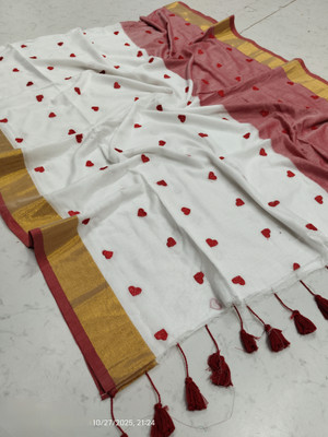 Bhadra Shopping Store Embroidered Handloom Handloom Pure Cotton Saree(White, Red)