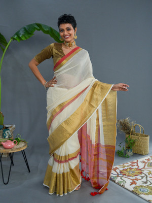 Suta Self Design Handloom Pure Cotton Saree(White)