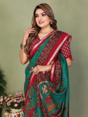 Sarly Printed Bollywood Cotton Blend Saree(Green)