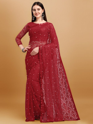 LOROFY Self Design Bollywood Net Saree(Maroon)