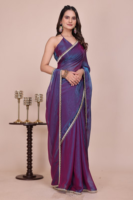 V AMAN FASHION Embroidered, Solid/Plain Bollywood Chiffon Saree(Blue, Purple)