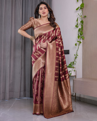 KB DESIGNER Woven, Self Design, Striped Dharmavaram Pure Silk Saree(Maroon)