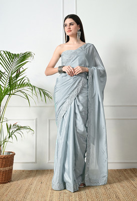Pionex Solid/Plain Bollywood Chiffon, Silk Blend Saree(Grey)