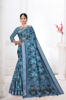 Mugdarra Floral Print Daily Wear Linen Saree(Blue)