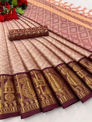 Cloverlucks Temple Border, Woven, Solid/Plain Banarasi Cotton Silk Saree(Brown)