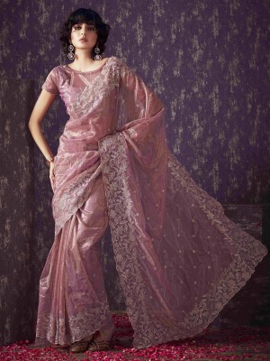 Tikhi Imli Embroidered Bollywood Net Saree(Pink)