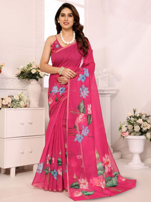 Moda Rapido Floral Print Bollywood Silk Blend Saree(Pink)