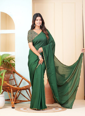 Divastri Solid/Plain Bollywood Chiffon Saree(Dark Green)