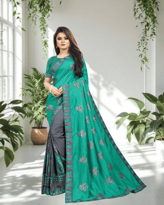 SHOBHTESH Embroidered, Self Design Venkatagiri Silk Blend, Net Saree(Light Green, Grey)