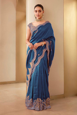 Moda Rapido Embroidered Saree with Attached Blouse Cotton Silk Saree(Light Blue)
