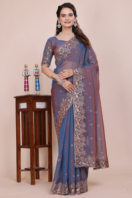 niesha fashion Embroidered, Self Design Bollywood Chiffon Saree(Blue, Brown)