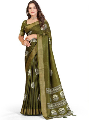 J6 Designers Geometric Print Assam Silk Art Silk Saree(Green)