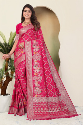 SuratSareeMall Woven, Geometric Print Banarasi Nylon Saree(Pink)
