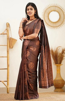 YASHIKA Printed Kanjivaram Cotton Silk, Jacquard Saree(Brown)