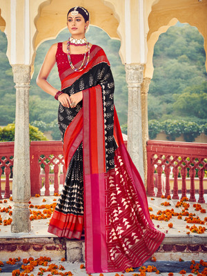 Tasrika Embellished Ikkat Tussar Silk Saree(Black)