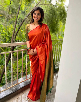 Rudr Ventures Solid/Plain Banarasi Silk Blend Saree(Orange)