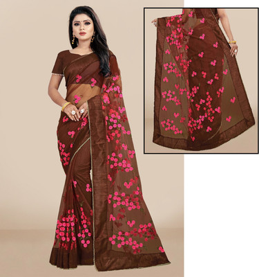 AreWah Embroidered Bollywood Net Saree(Brown)