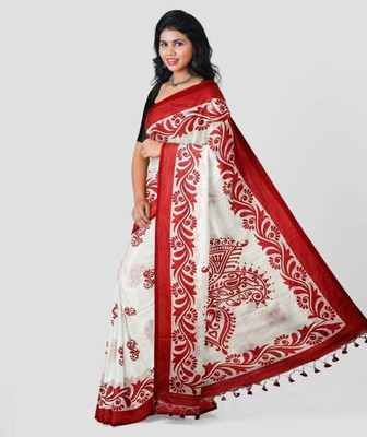 RJSC Printed Handloom Cotton Blend Saree(White)