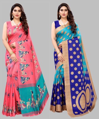 Priyashi Printed, Paisley, Floral Print Mysore Art Silk Saree(Pack of 2, Pink, Blue)