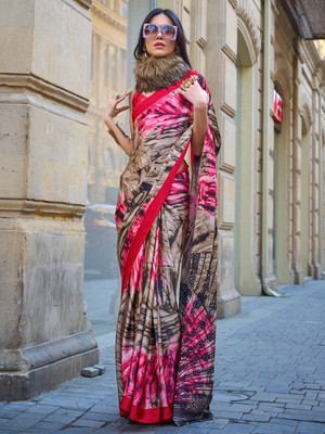 Sangria Printed Hand Batik Satin Saree(Beige)