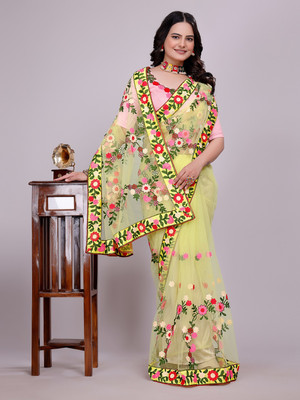 ORGOSCOPIO Embroidered, Embellished Bollywood Net Saree(Yellow)