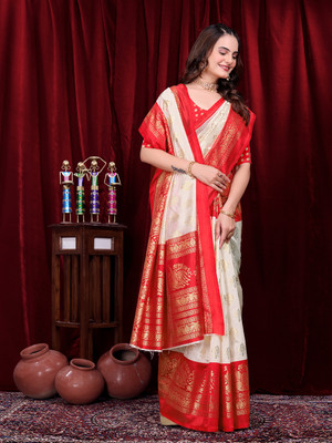 Kanooda Prints Printed Mysore Art Silk Saree(White, Red)