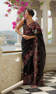 ANU INDIAN FASHION Embroidered Handloom Cotton Blend Saree(Black)