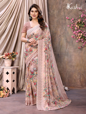 Ombre, Paisley, Floral Print Daily Wear Georgette, Chiffon Saree(Brown, Beige)