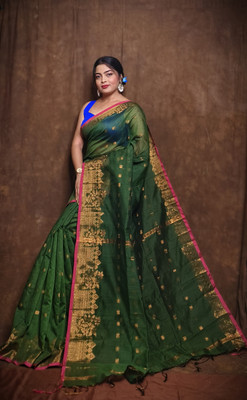RIDDHIMAN FASHION Self Design Handloom Cotton Blend Saree(Green)